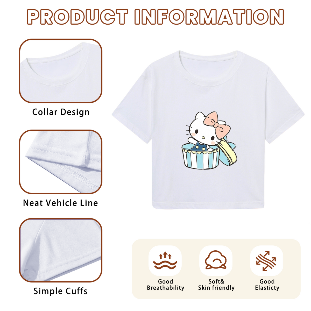 Gift?Box Hello Kitty Sweet Pastel Style Cropped Top Kawaii Women Crop Tee