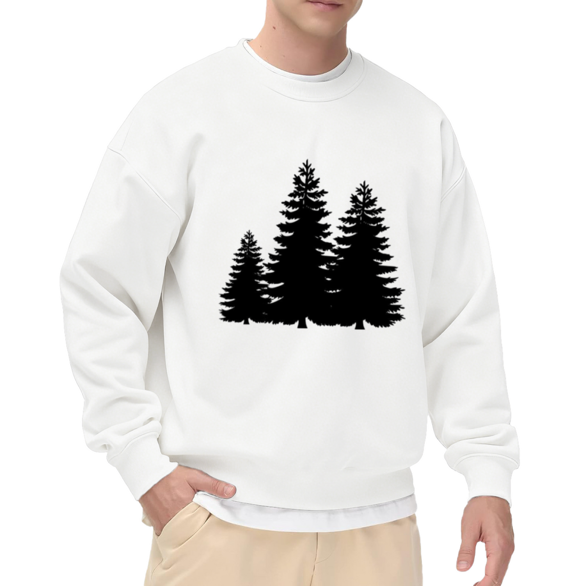 Evergreen Pine Trees Silhouette Crewneck Sweatshirt, Minimalist Forest Graphic Pullover, Nature Lover Gift