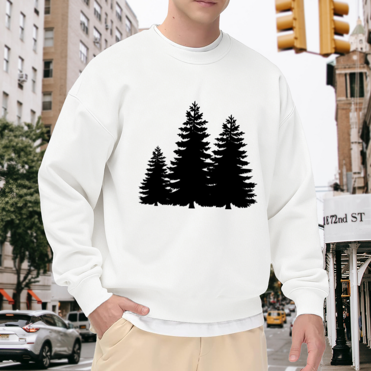 Evergreen Pine Trees Silhouette Crewneck Sweatshirt, Minimalist Forest Graphic Pullover, Nature Lover Gift
