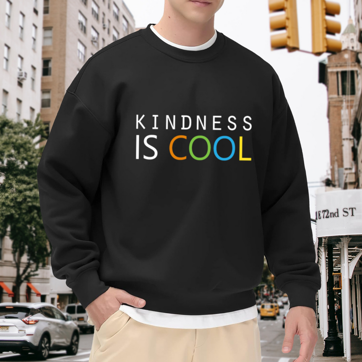 Kindness Is Cool Crewneck Sweatshirt | Positive Message Colorful Lettering Pullover, Minimalist Graphic Top, World Kindness Day Gift