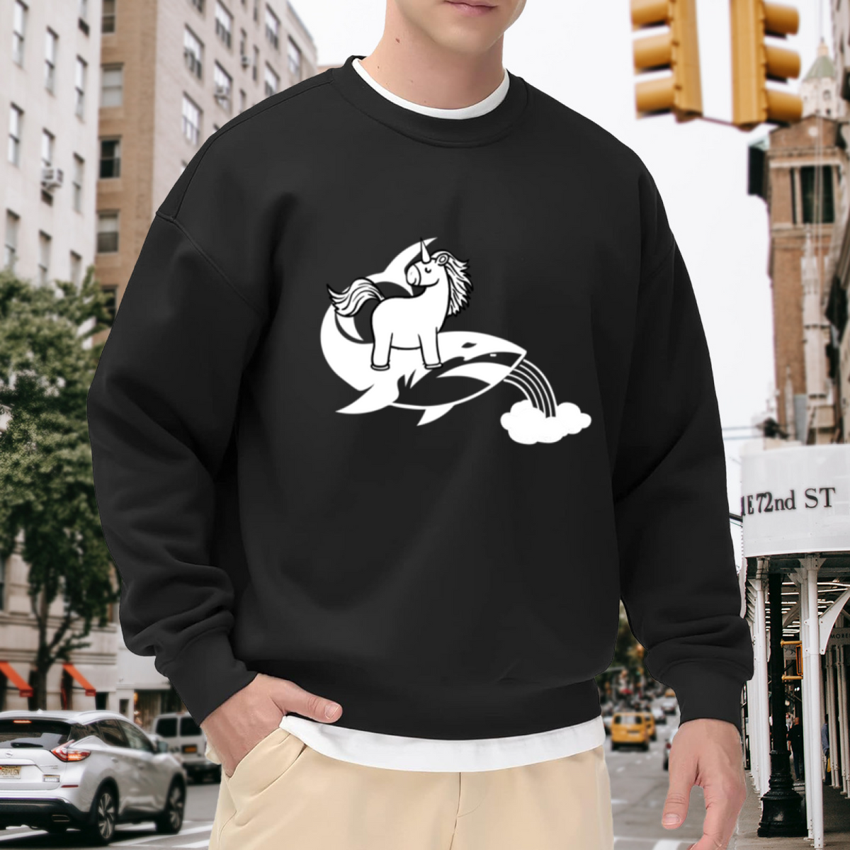 Unicorn Riding Orca Rainbow Crewneck Sweatshirt | Whimsical Fantasy Animal Pullover, Cute Monochrome Illustration Top, Kids Gift