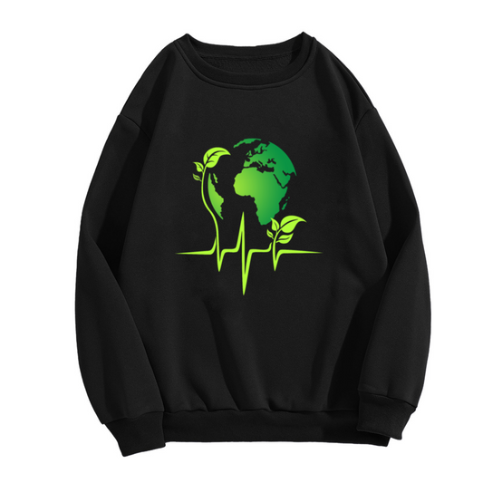 Earth Heartbeat Eco Globe Sprout Crewneck Sweatshirt | Green Environmental Pulse Graphic Pullover, Earth Day Gift