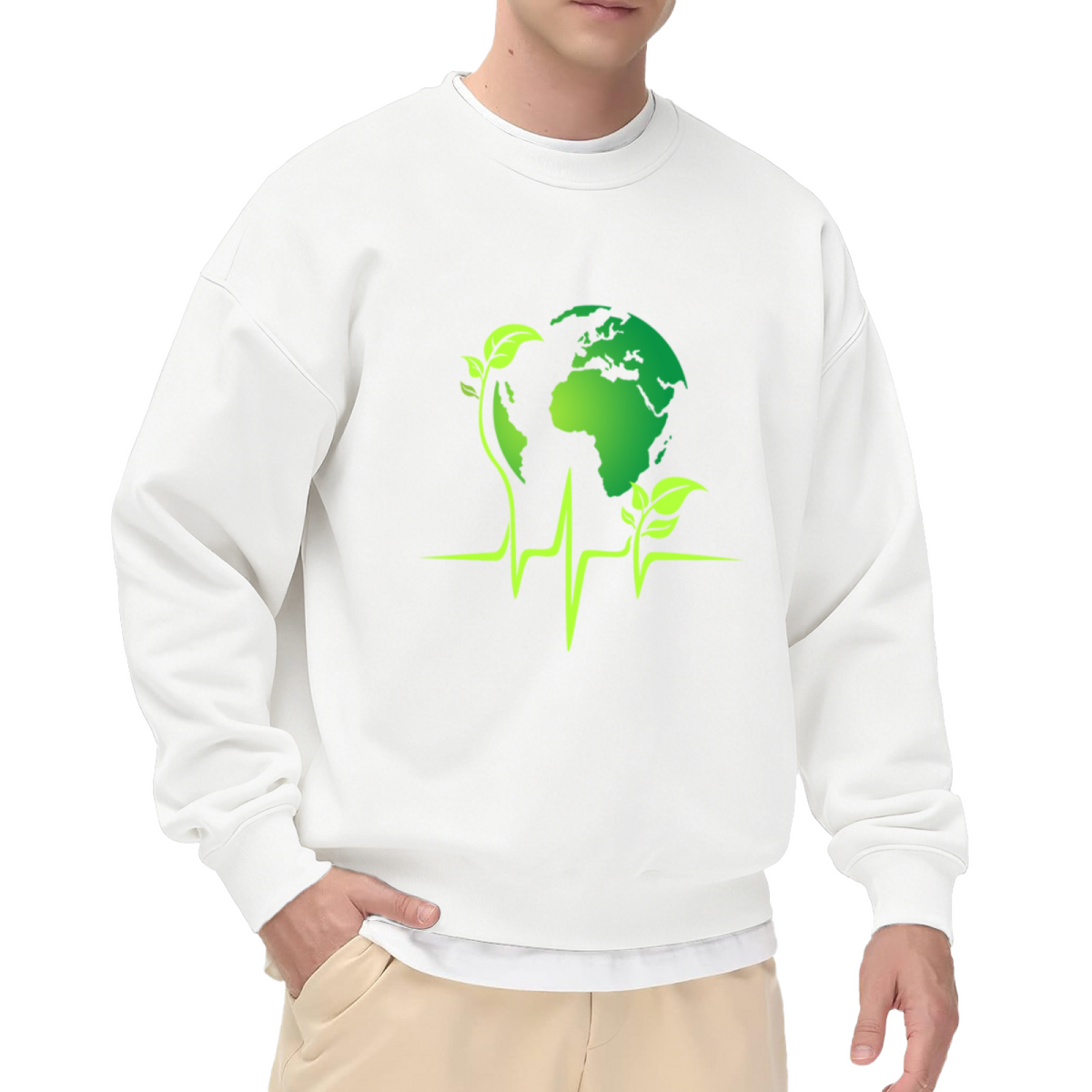 Earth Heartbeat Eco Globe Sprout Crewneck Sweatshirt | Green Environmental Pulse Graphic Pullover, Earth Day Gift