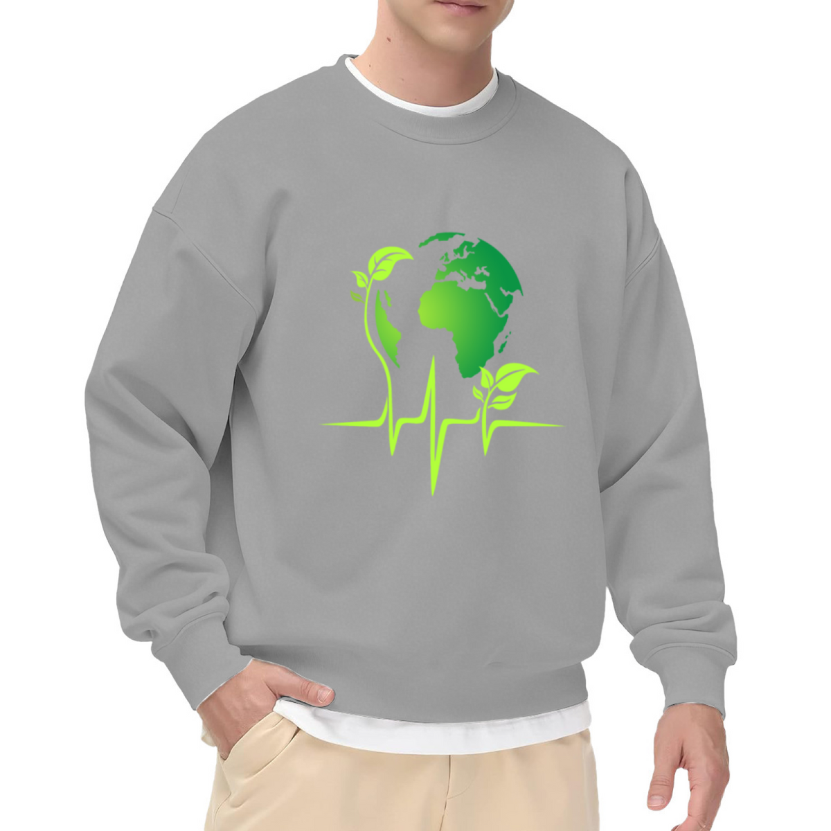 Earth Heartbeat Eco Globe Sprout Crewneck Sweatshirt | Green Environmental Pulse Graphic Pullover, Earth Day Gift