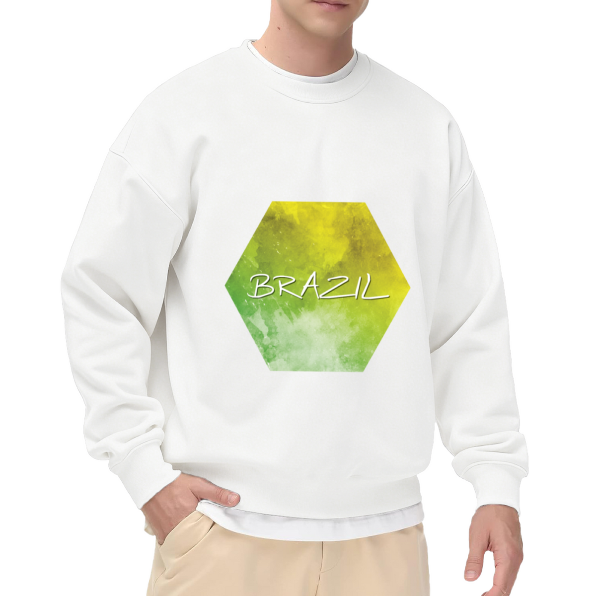 Brazil Hexagon Watercolor Graphic Crewneck Sweatshirt, Brazilian Pride Travel Souvenir Pullover, Soccer Fan Casual Everyday Wear
