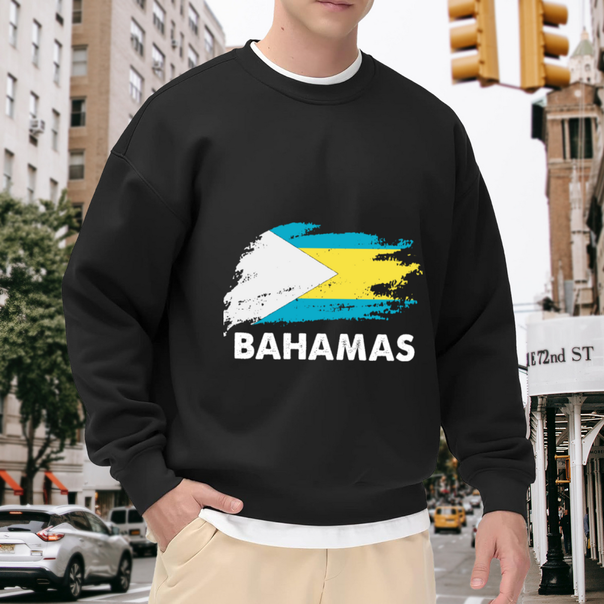 Bahamas Distressed Flag Graphic Crewneck Sweatshirt | Caribbean Tropical Travel Pullover, Vacation Gift
