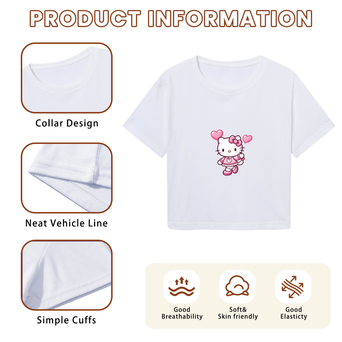 Heart Accent Hello Kitty Kawaii Casual White Cropped Shirt
