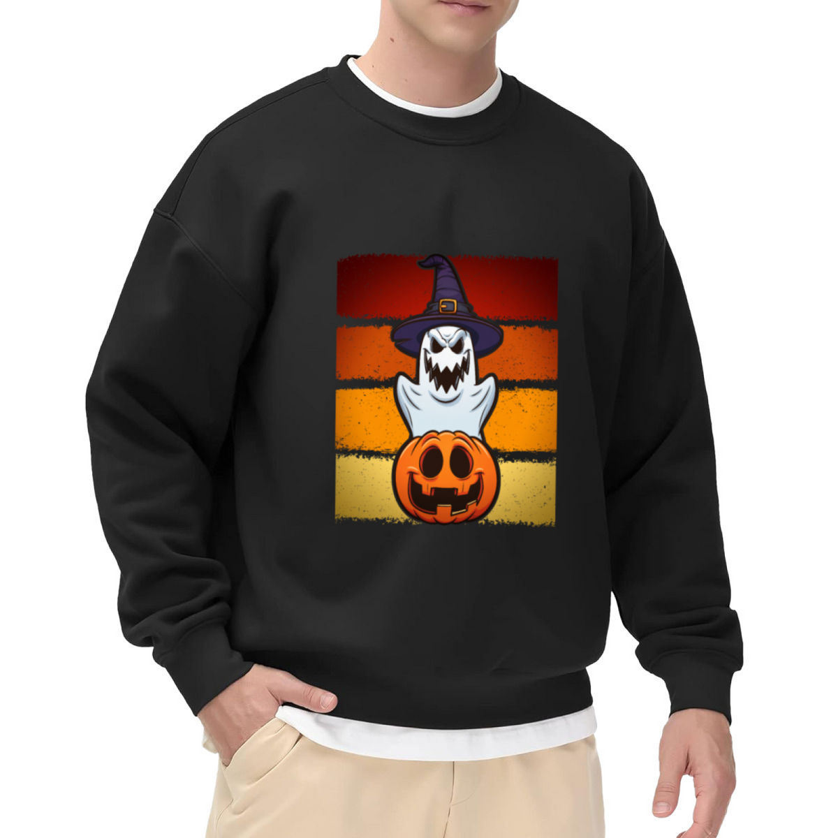 Scary Ghost Witch Hat Jack O Lantern Vintage Retro Crewneck Sweatshirt