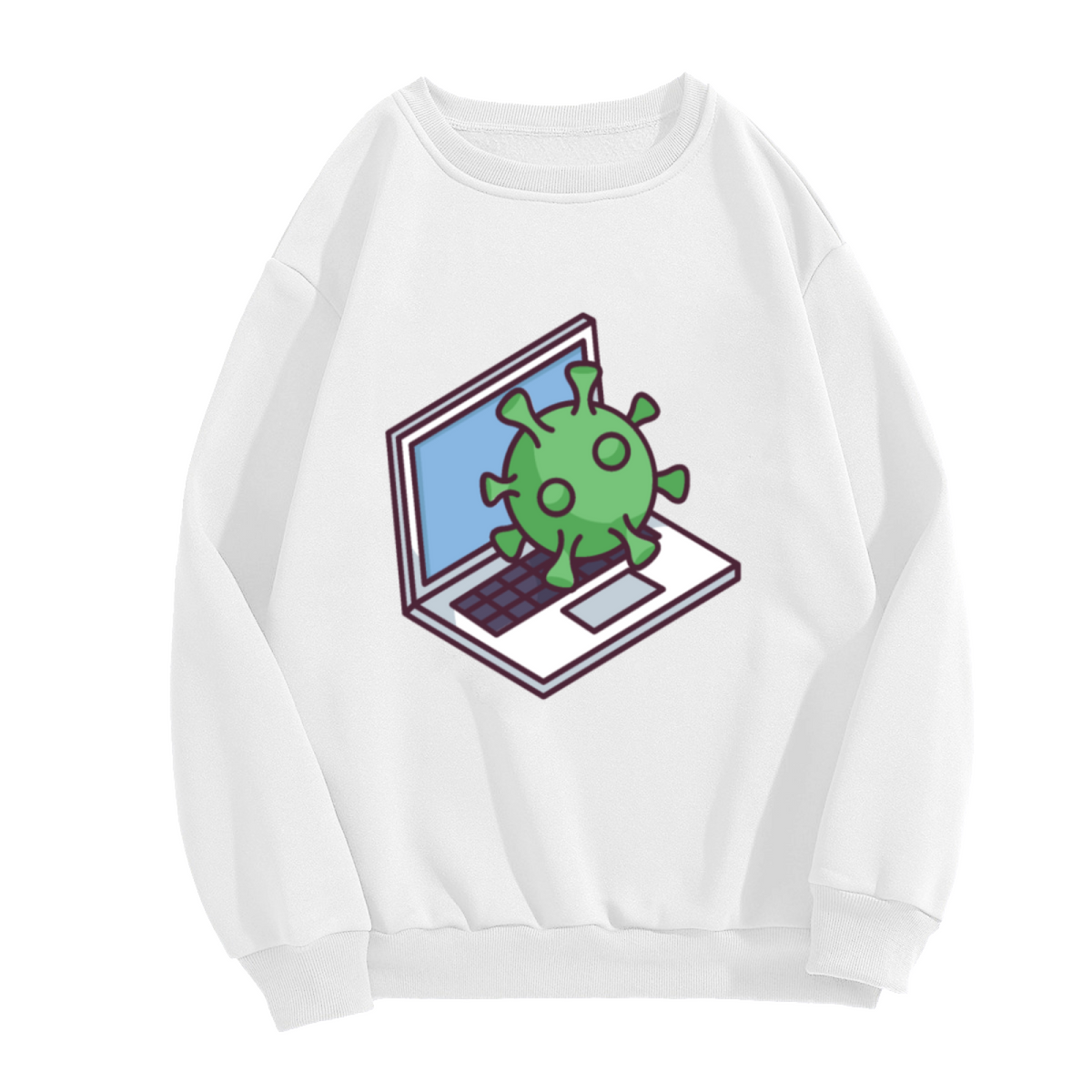 Computer Virus Cartoon Laptop Graphic Crewneck Sweatshirt | Funny Cybersecurity Tech Humor Pullover, Geeky IT Gift Top