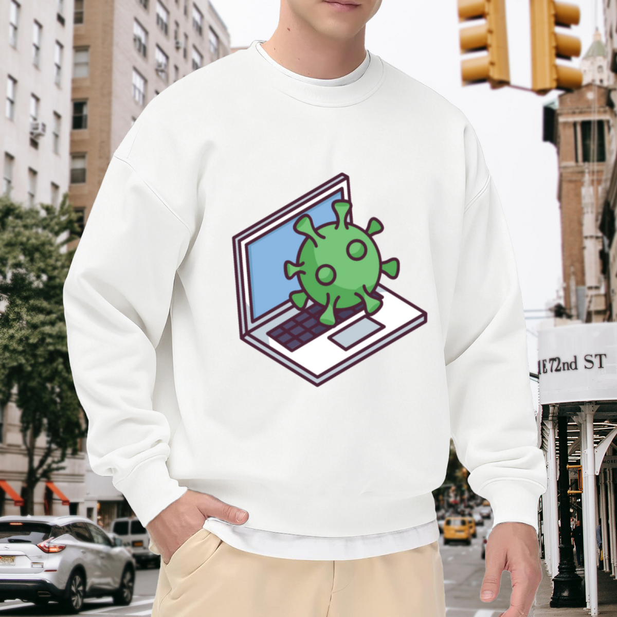 Computer Virus Cartoon Laptop Graphic Crewneck Sweatshirt | Funny Cybersecurity Tech Humor Pullover, Geeky IT Gift Top