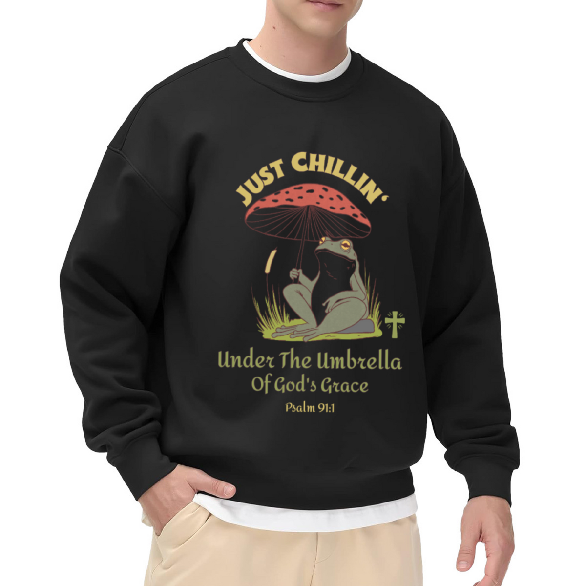 Just Chillin Under The Umbrella Of God's Grace Psalm 91:1 Crewneck Sweatshirt - Christian Faith Frog Pullover, Religious Easter Gift