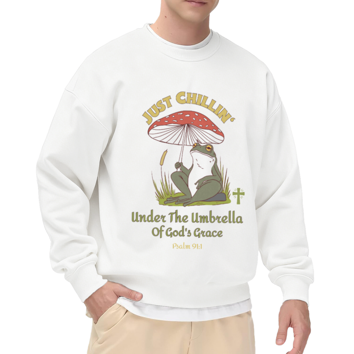 Just Chillin Under The Umbrella Of God's Grace Psalm 91:1 Crewneck Sweatshirt - Christian Faith Frog Pullover, Religious Easter Gift