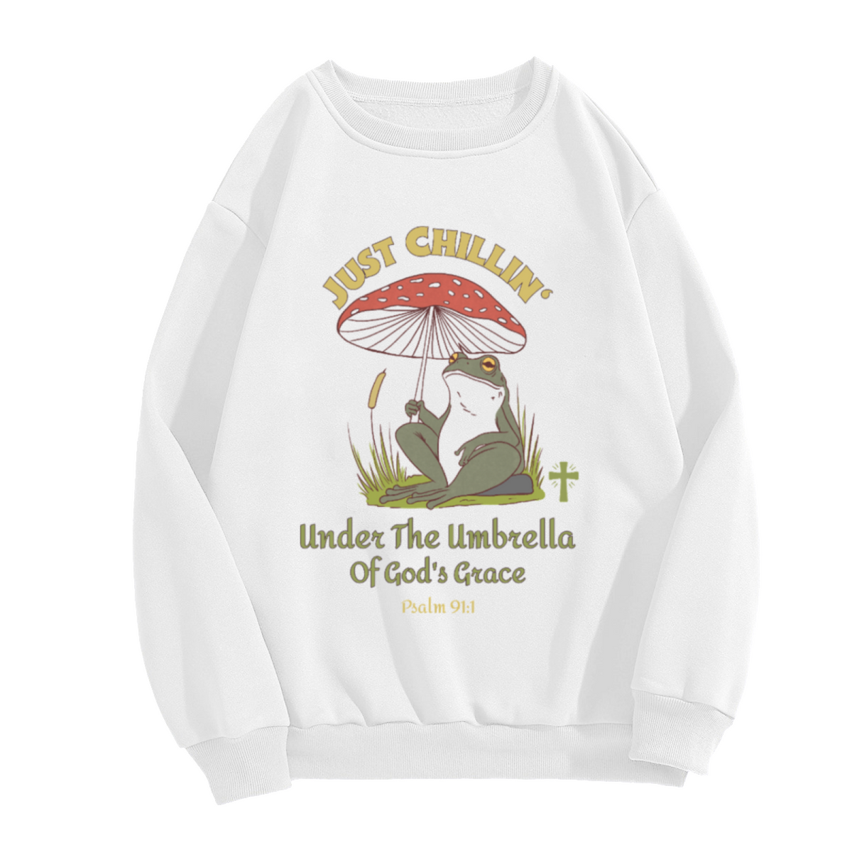 Just Chillin Under The Umbrella Of God's Grace Psalm 91:1 Crewneck Sweatshirt - Christian Faith Frog Pullover, Religious Easter Gift