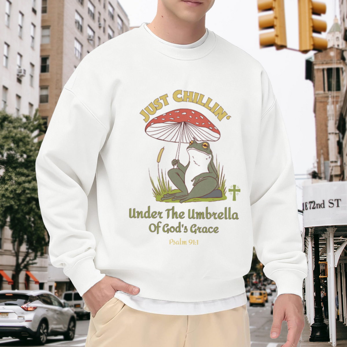 Just Chillin Under The Umbrella Of God's Grace Psalm 91:1 Crewneck Sweatshirt - Christian Faith Frog Pullover, Religious Easter Gift