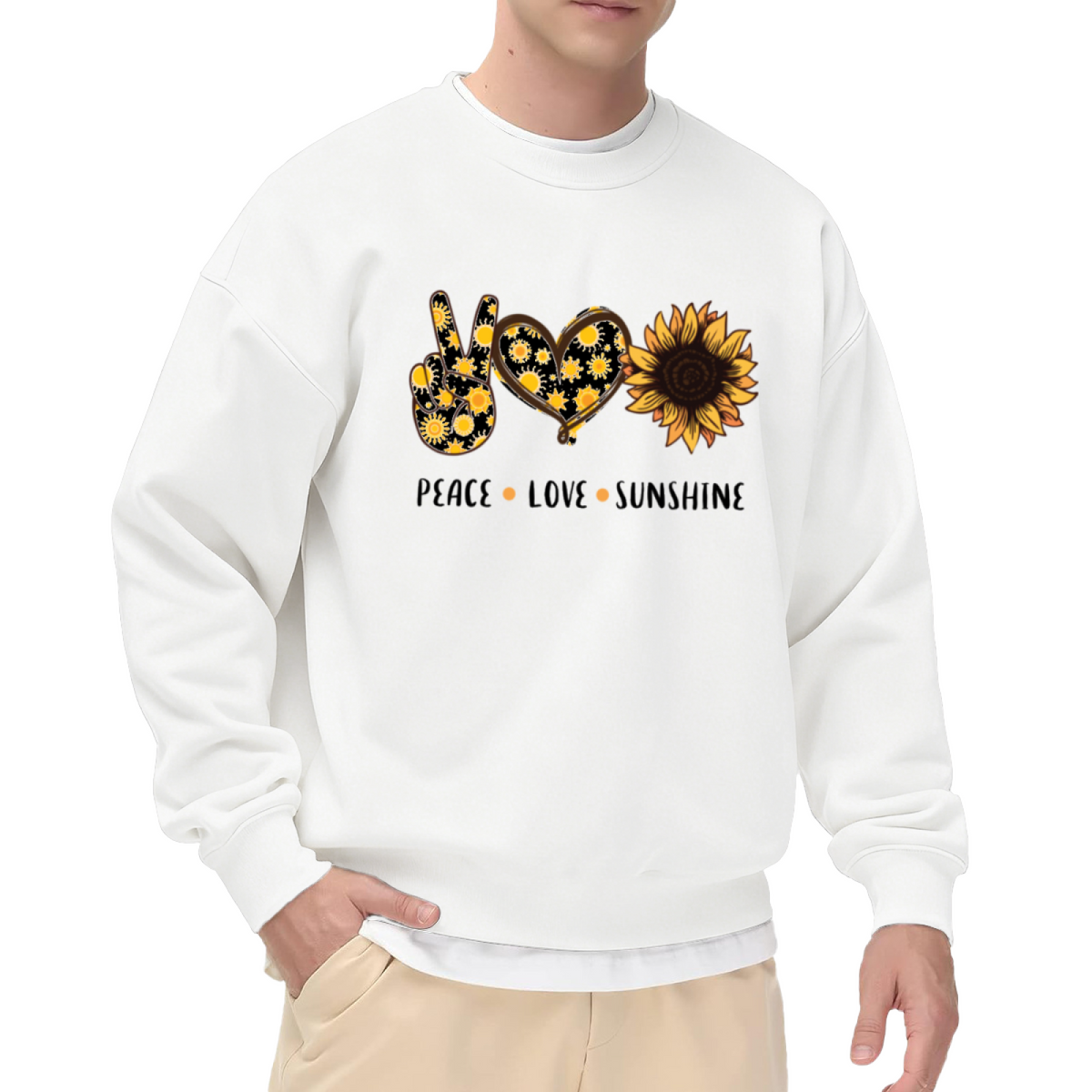 Peace Love Sunshine Sunflower Graphic Crewneck Sweatshirt | Retro Boho Hippie Floral Pullover, Positive Vibes Gift