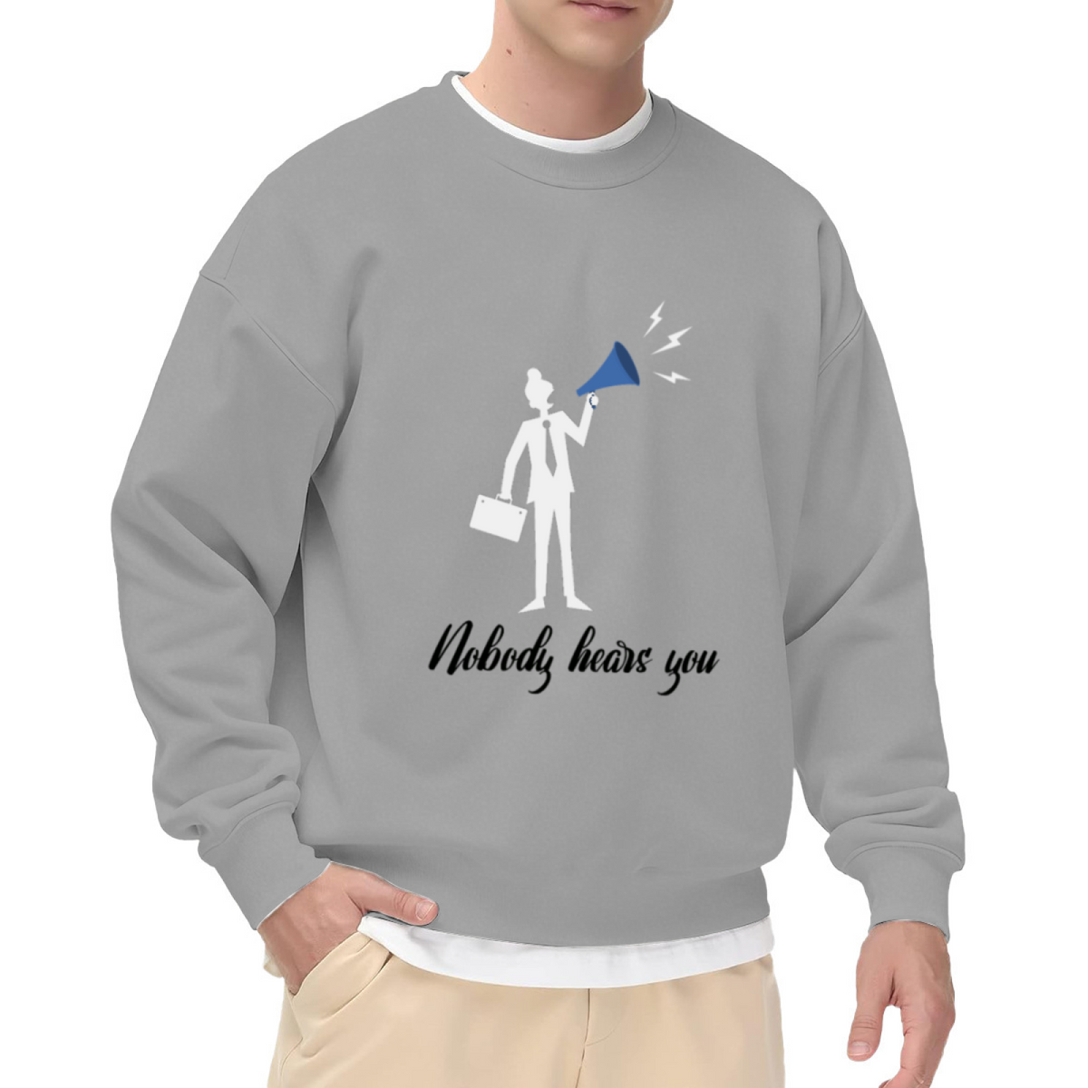 Nobody Hears You Stick Figure Megaphone Crewneck Sweatshirt | Office Irony Dark Humor Pullover, Work Gift