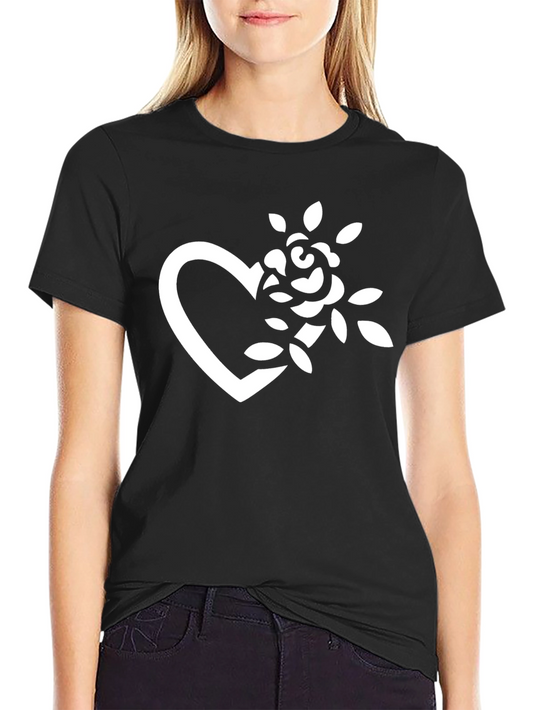 Black T-Shirt with Heart and Rose Graphic
