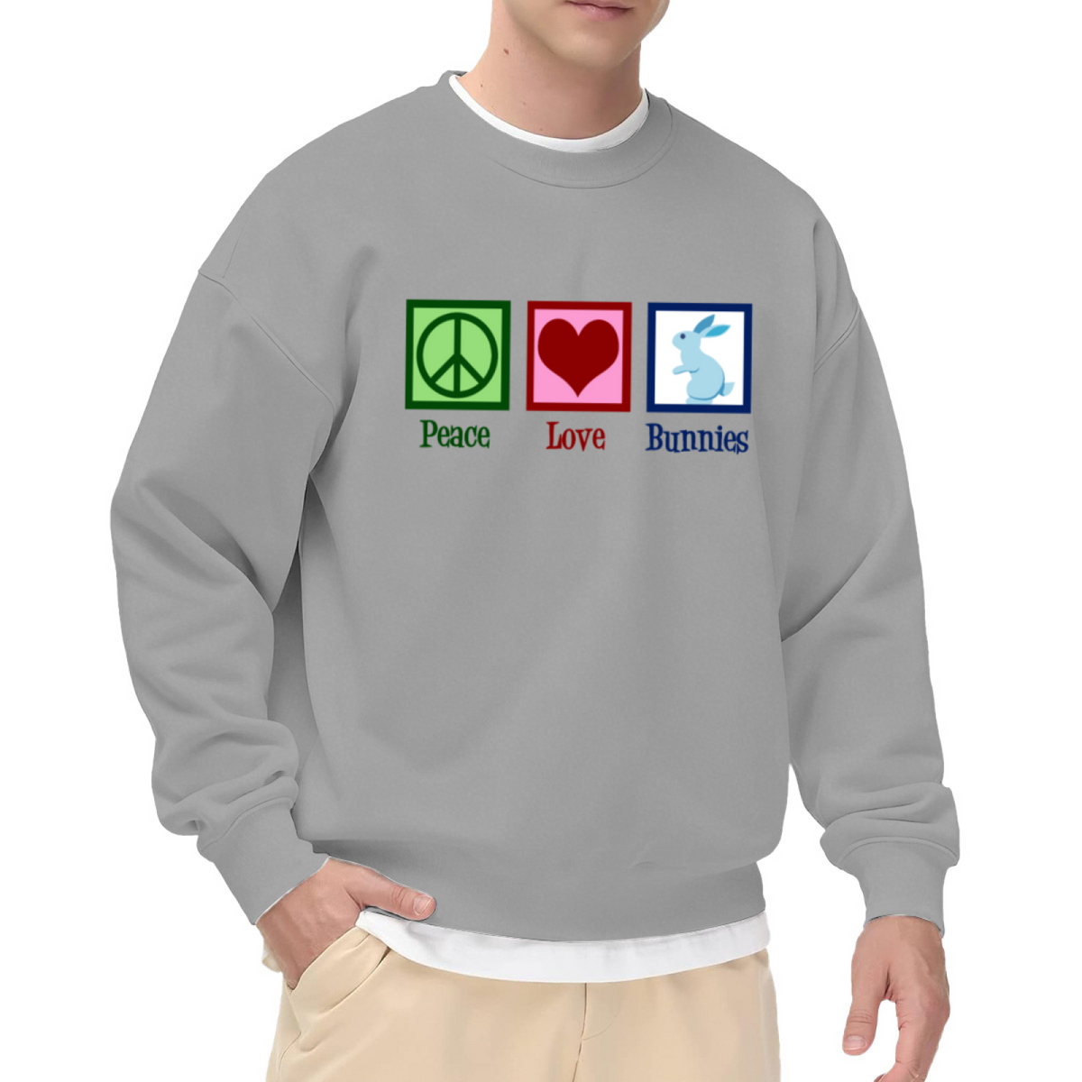 Peace Love Bunnies Crewneck Sweatshirt | Cute Rabbit Lover Pullover, Retro Icon Graphic Top, Easter Gift