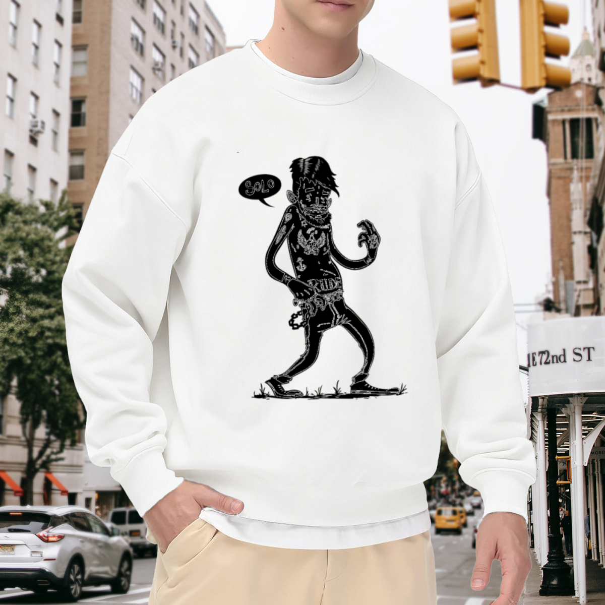Punk ""SOLO"" Speech Bubble Illustration ""RIDE"" Belt Crewneck Sweatshirt, Monochrome Tattooed Figure Art