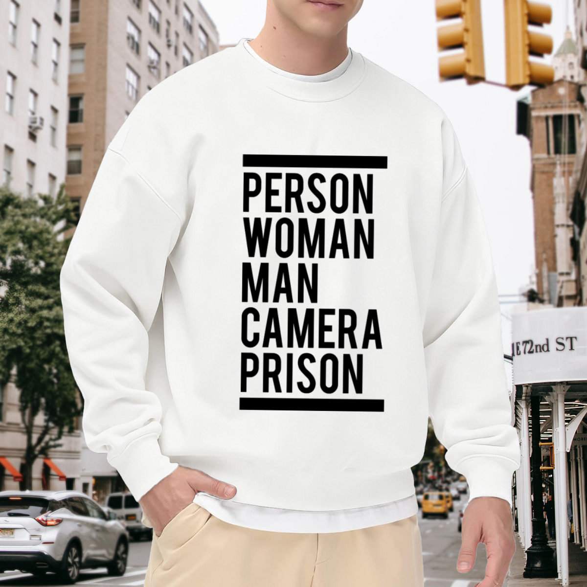 Person Woman Man Camera Prison Political Meme Crewneck Sweatshirt | Satirical Word List Graphic Pullover, Internet Meme Gift