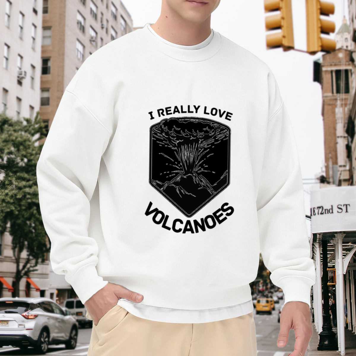 I Really Love Volcanoes Crewneck Sweatshirt - Erupting Volcano Badge Design