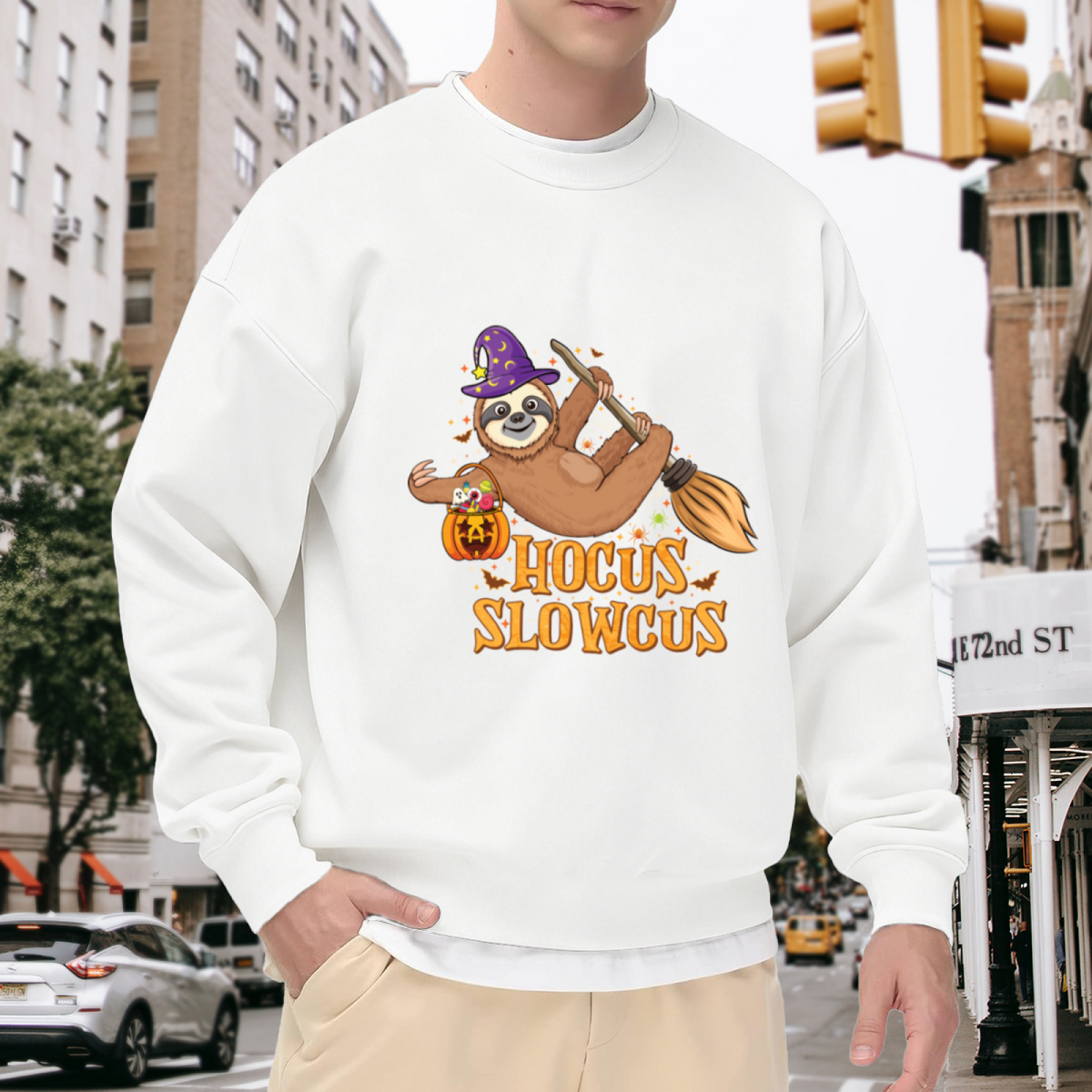 Hocus Slowcus Sloth Witch Crewneck Sweatshirt, Halloween Candy Broom Pullover, Spooky Cute Gift