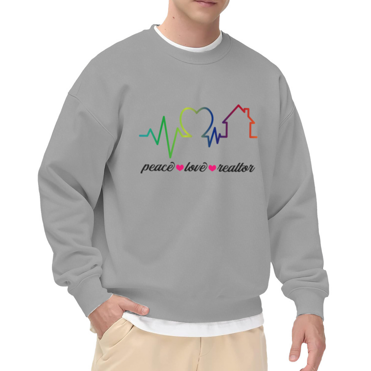 Peace Love Realtor Crewneck Sweatshirt - Rainbow EKG House Graphic, Real Estate Agent Gift Pullover