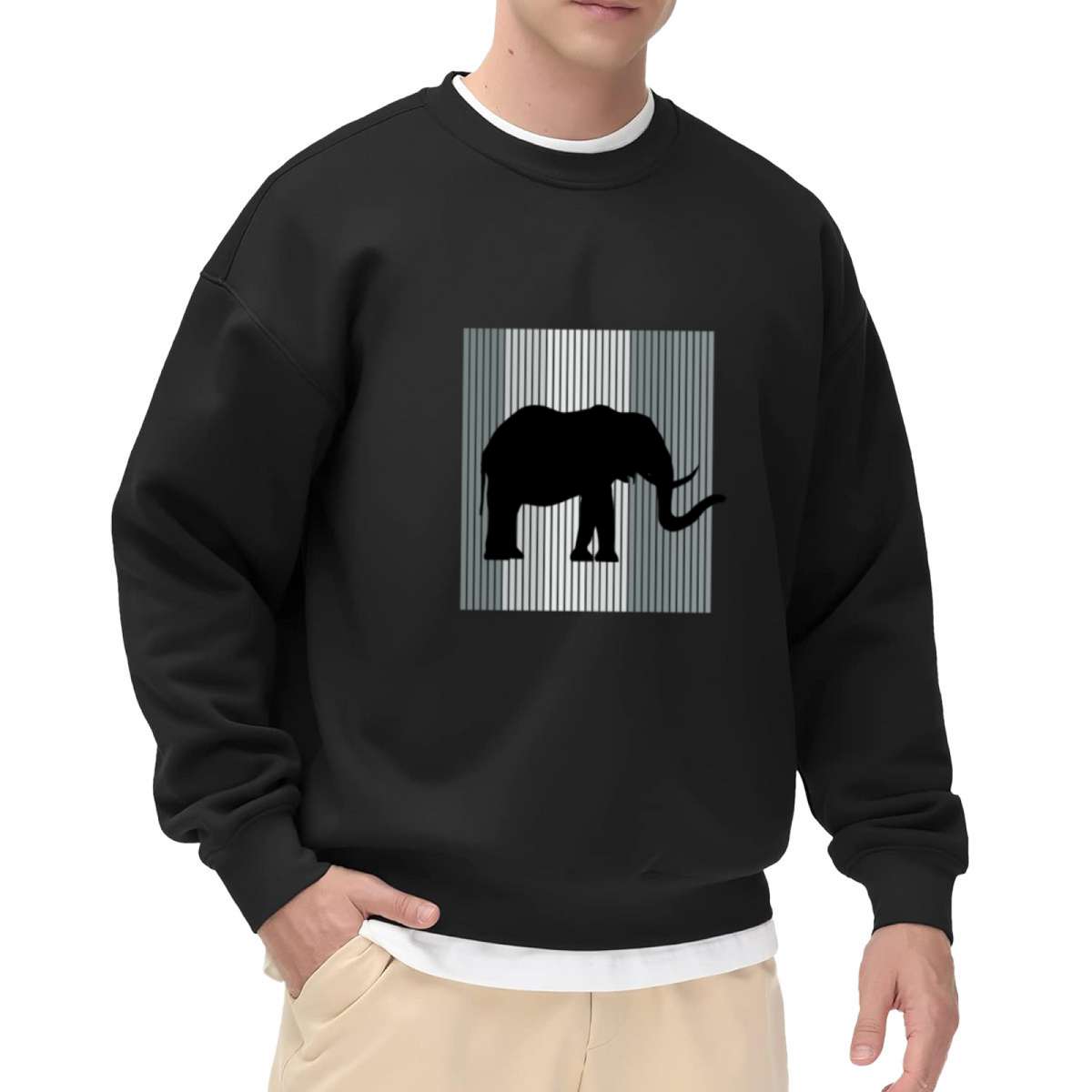 Elephant Silhouette Sweatshirt | Minimalist Striped Frame Animal Graphic Crewneck, Modern Art Pullover Top, Elephant Lover Gift for Women Men