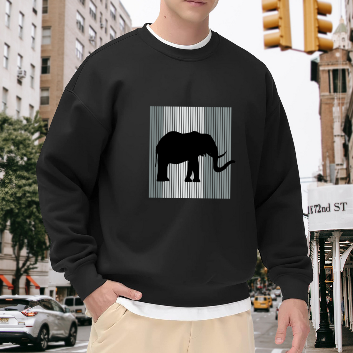 Elephant Silhouette Sweatshirt | Minimalist Striped Frame Animal Graphic Crewneck, Modern Art Pullover Top, Elephant Lover Gift for Women Men