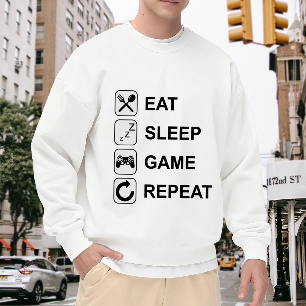 Eat Sleep Game Repeat Crewneck Sweatshirt, Gamer Icon Routine Pullover, Gaming Gift