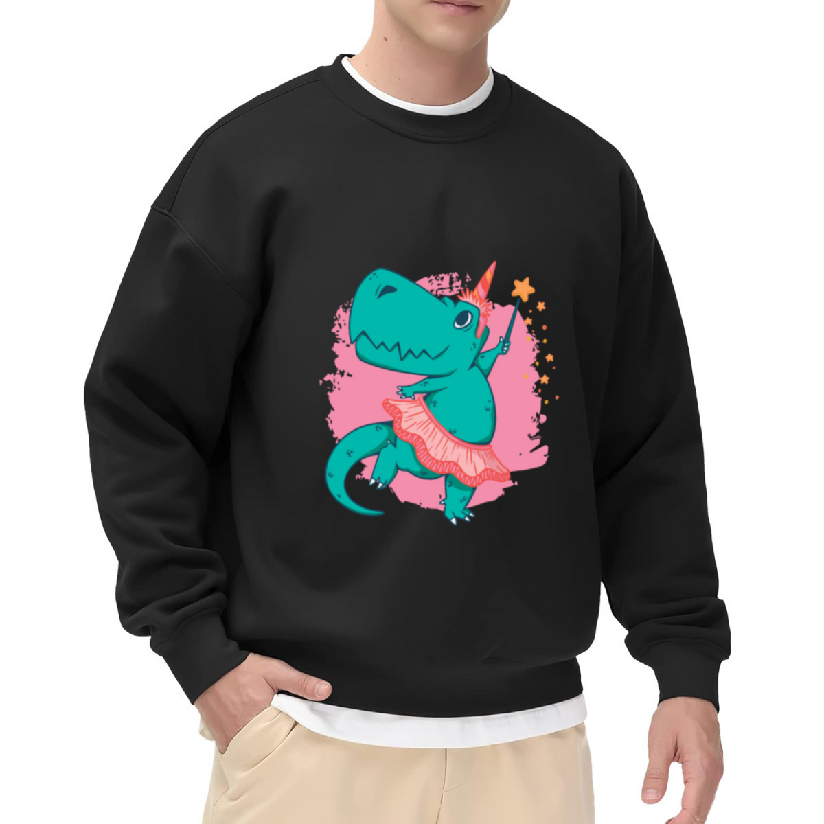 Cute Dinosaur Ballet Sweatshirt | Cartoon T-Rex Tutu Magic Wand Graphic Crewneck, Whimsical Dino Pullover Top, Birthday Gift for Kids Girls