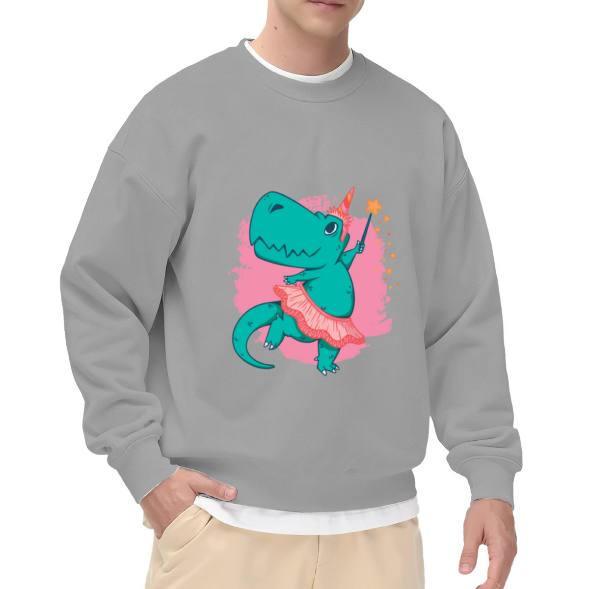 Cute Dinosaur Ballet Sweatshirt | Cartoon T-Rex Tutu Magic Wand Graphic Crewneck, Whimsical Dino Pullover Top, Birthday Gift for Kids Girls