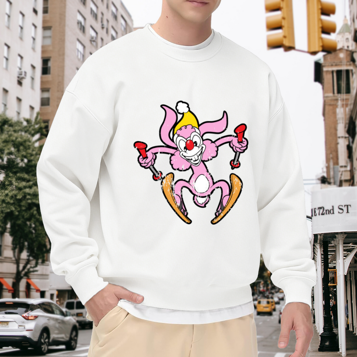 Skiing Clown Crewneck Sweatshirt | Funny Retro Cartoon Pullover, Vintage Distressed Clown Graphic Top, Ski Lover Gift