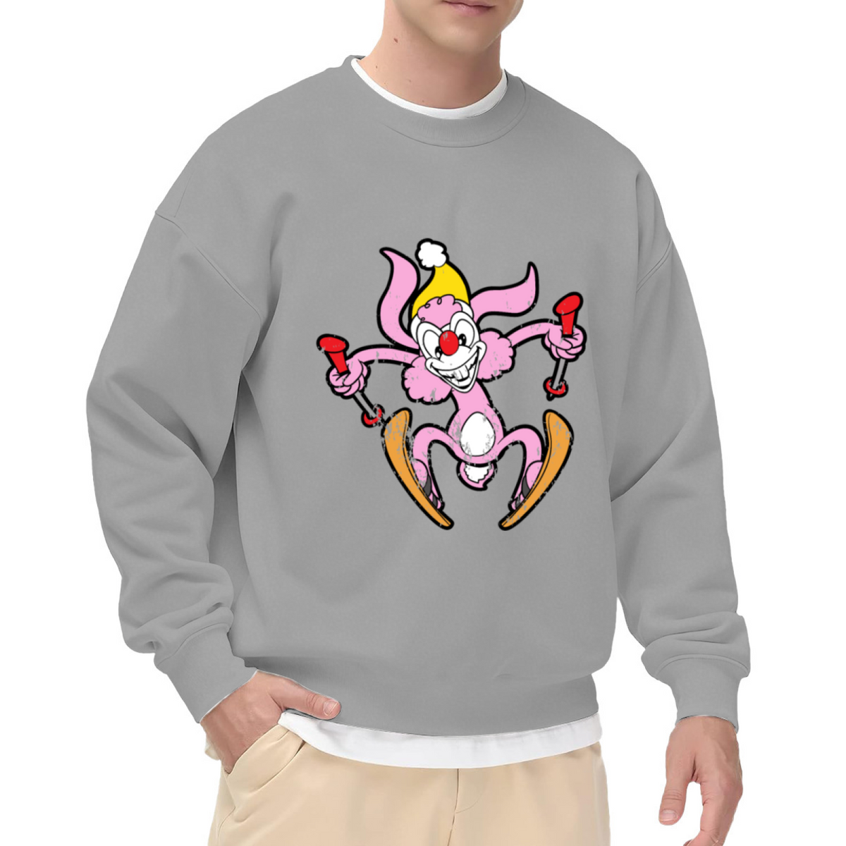 Skiing Clown Crewneck Sweatshirt | Funny Retro Cartoon Pullover, Vintage Distressed Clown Graphic Top, Ski Lover Gift