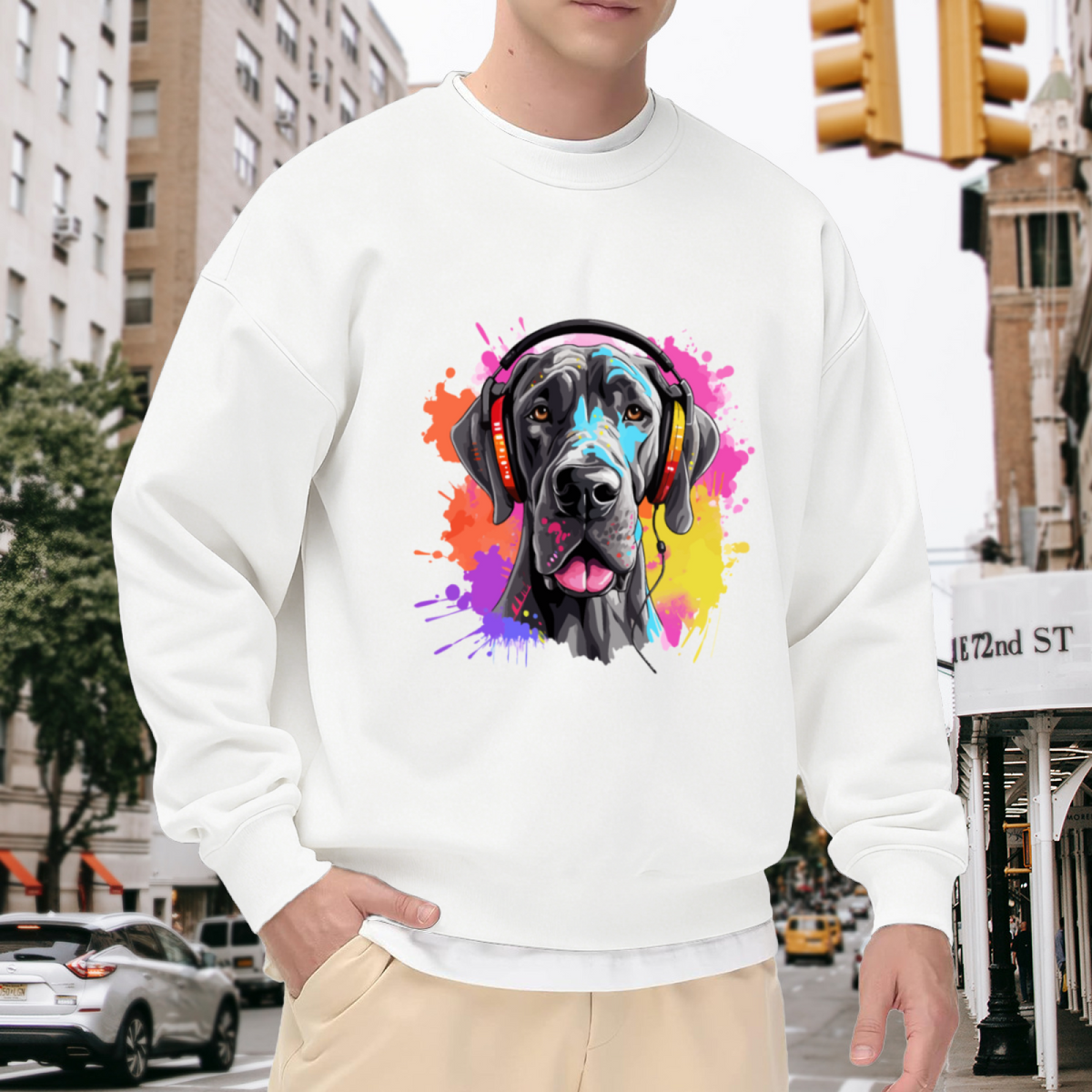 Artistic Black Dog with Colorful Headphones Crewneck Sweatshirt Design for Music Lover and Pet Enthusiasts