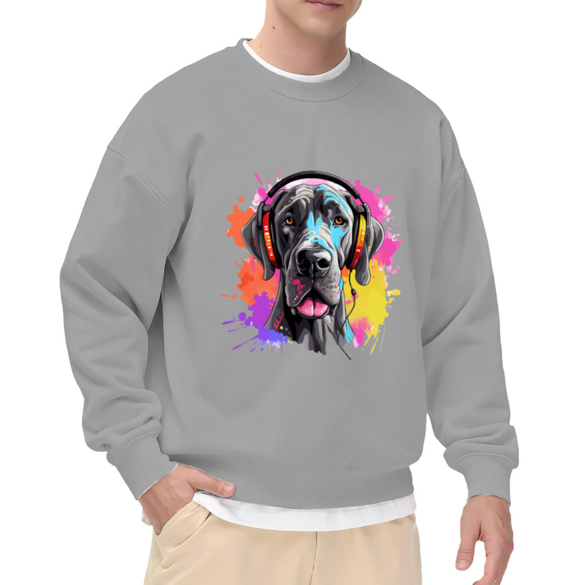 Artistic Black Dog with Colorful Headphones Crewneck Sweatshirt Design for Music Lover and Pet Enthusiasts