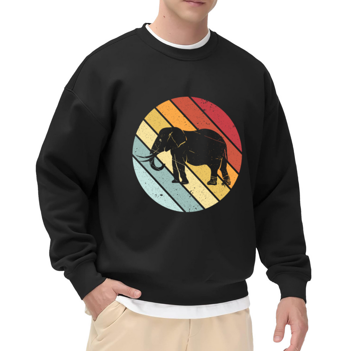 Elephant Silhouette Retro Sun Stripes Sweatshirt | Vintage Distressed Animal Graphic Crewneck, Wildlife Pullover Top, Elephant Lover Gift
