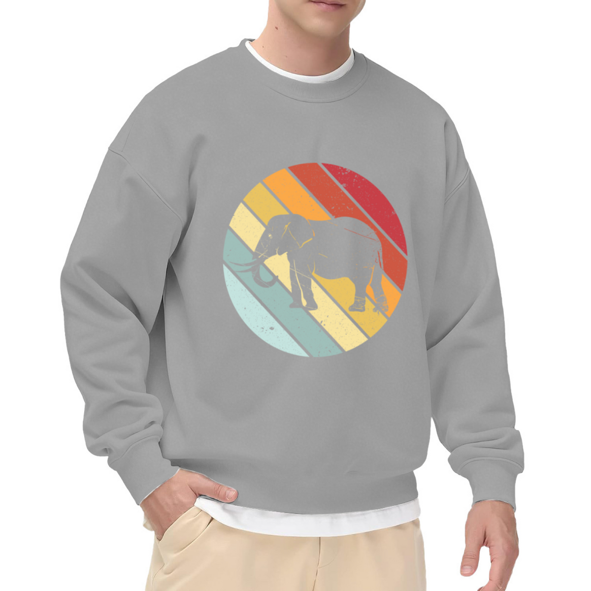 Elephant Silhouette Retro Sun Stripes Sweatshirt | Vintage Distressed Animal Graphic Crewneck, Wildlife Pullover Top, Elephant Lover Gift