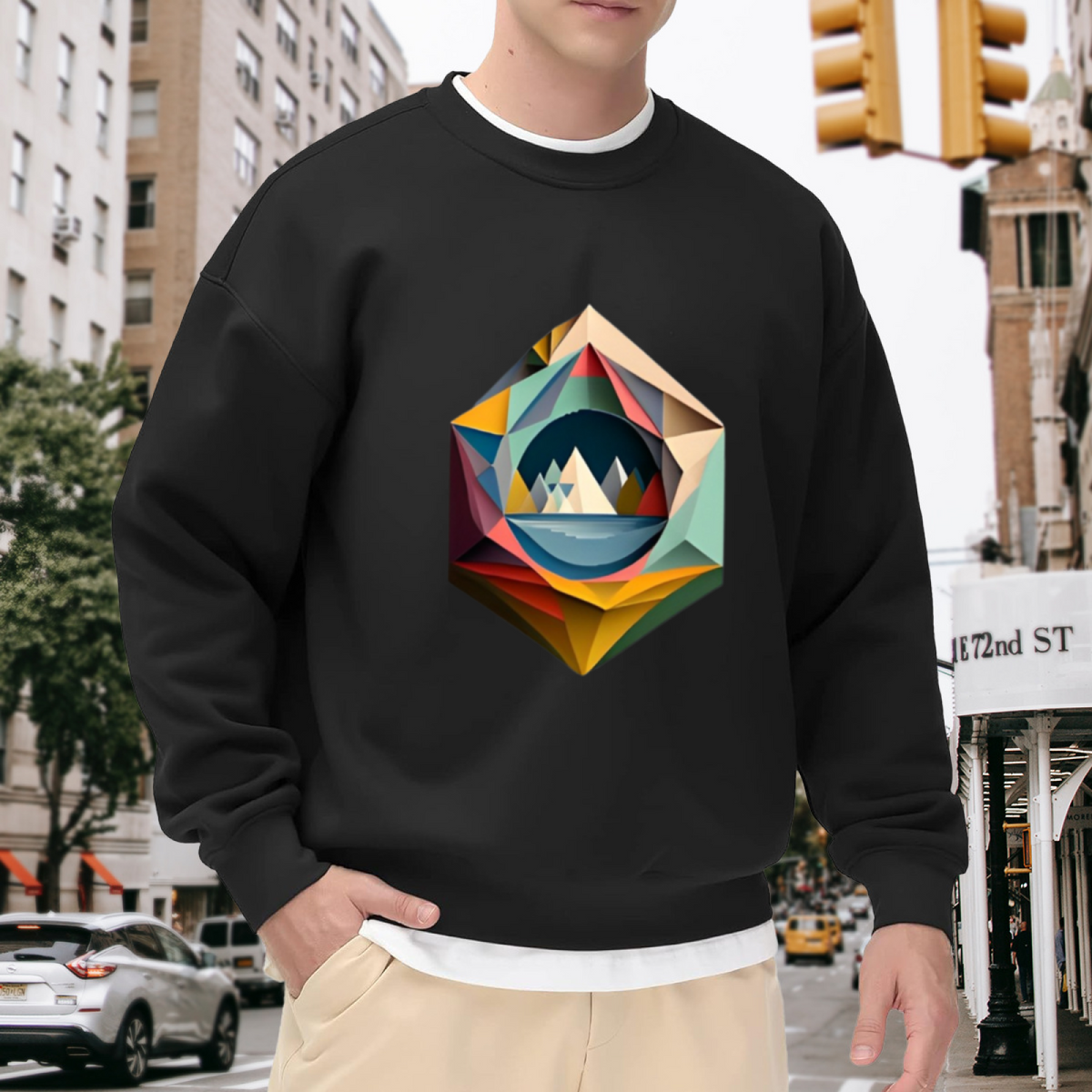 Geometric Crystal Mountain Landscape Crewneck Sweatshirt | Low-Poly Faceted Gem Art Pullover, Modern Nature Gift