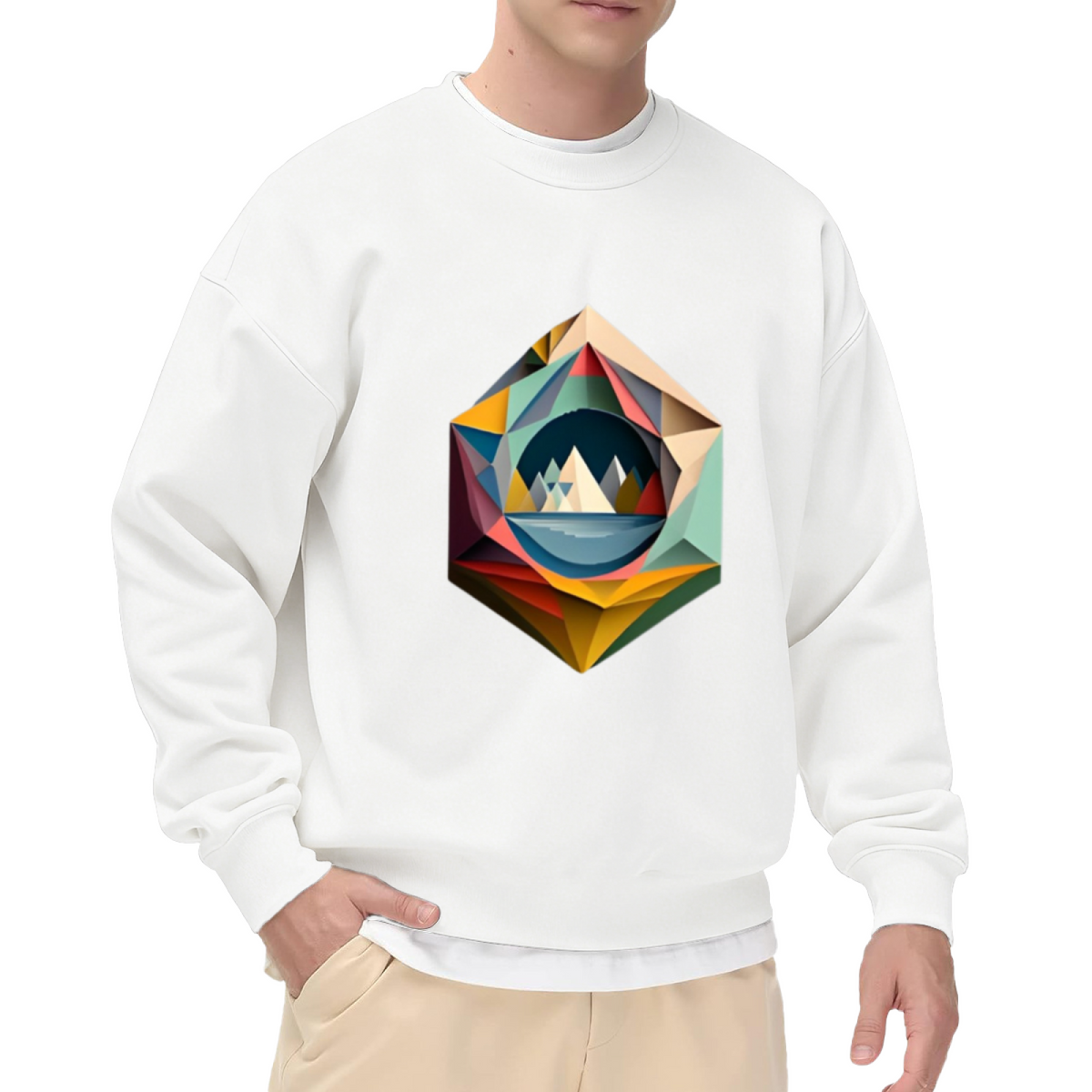 Geometric Crystal Mountain Landscape Crewneck Sweatshirt | Low-Poly Faceted Gem Art Pullover, Modern Nature Gift