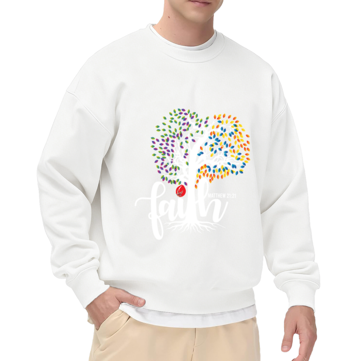 Faith Matthew 21:21 Heart Tree Crewneck Sweatshirt, Colorful Christian Scripture Pullover, Religious Gift