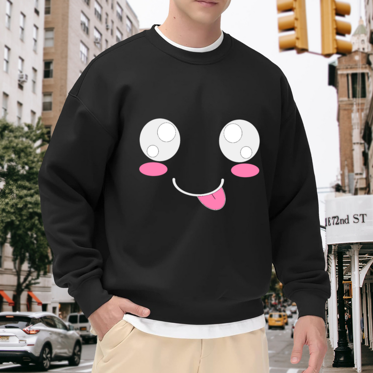 Cute Kawaii Cartoon Smiley Face with Big Eyes and Tongue Out Graphic Crewneck Sweatshirt
