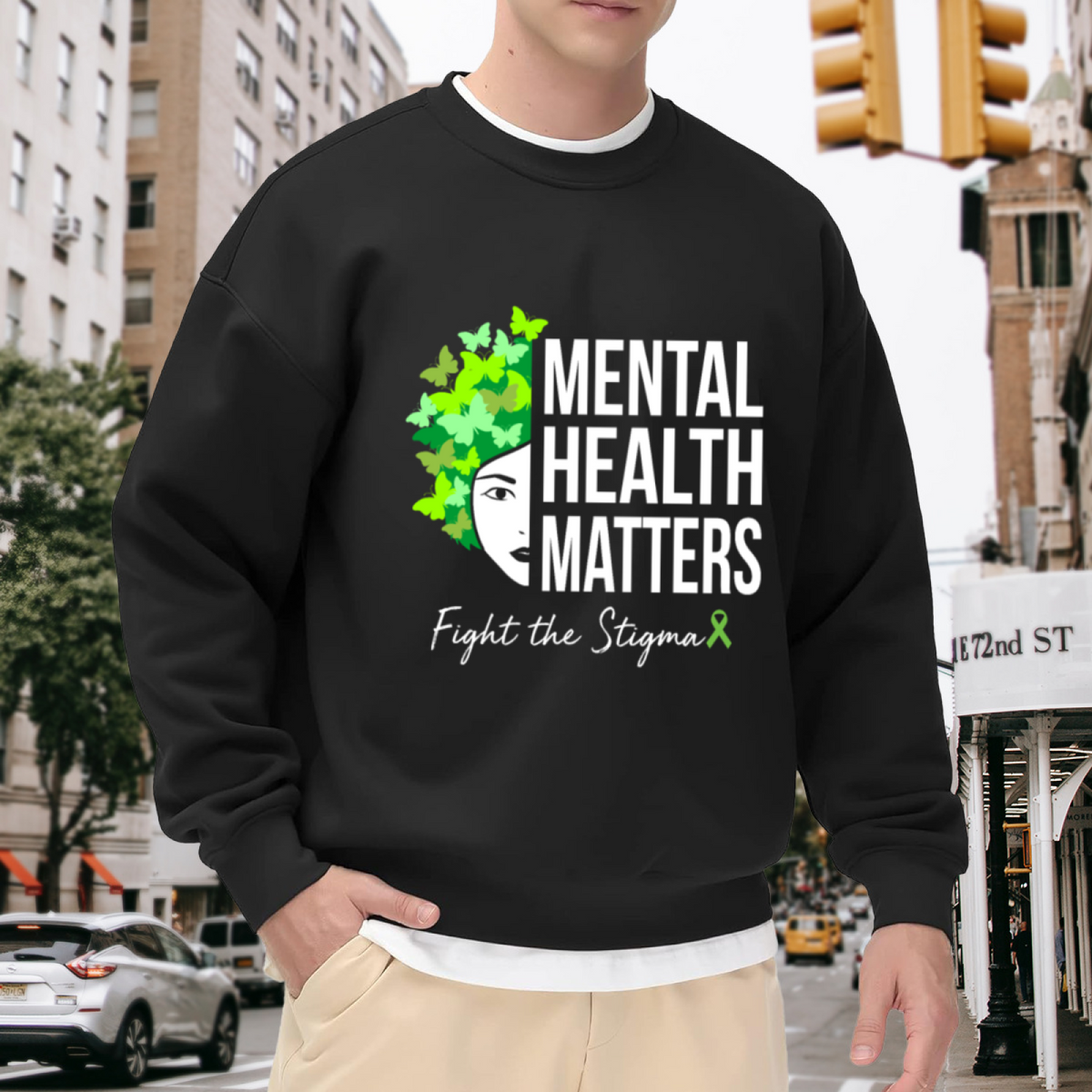 Mental Health Matters Sweatshirt | Butterfly Portrait Fight The Stigma Graphic Crewneck, Mental Health Awareness Pullover Top, Green Ribbon Gift