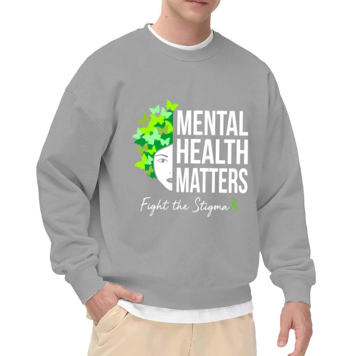 Mental Health Matters Sweatshirt | Butterfly Portrait Fight The Stigma Graphic Crewneck, Mental Health Awareness Pullover Top, Green Ribbon Gift