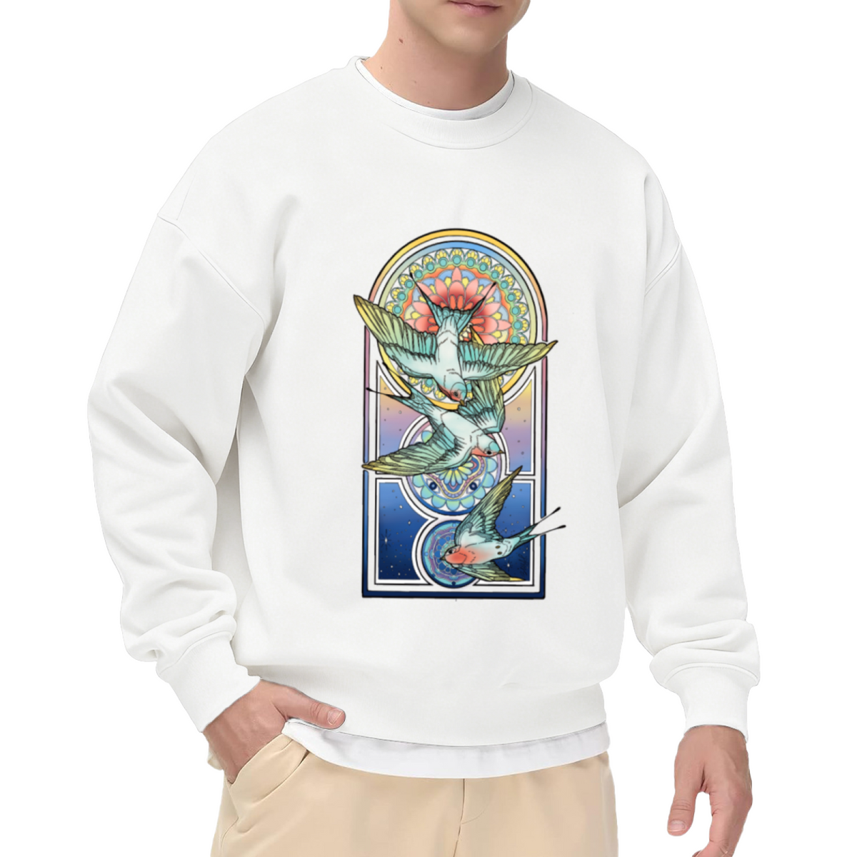 Stained Glass Swallows Sweatshirt | Vintage Celestial Bird Graphic Crewneck, Retro Gothic Arch Pullover Top, Bird Lover Art Gift for Women Men
