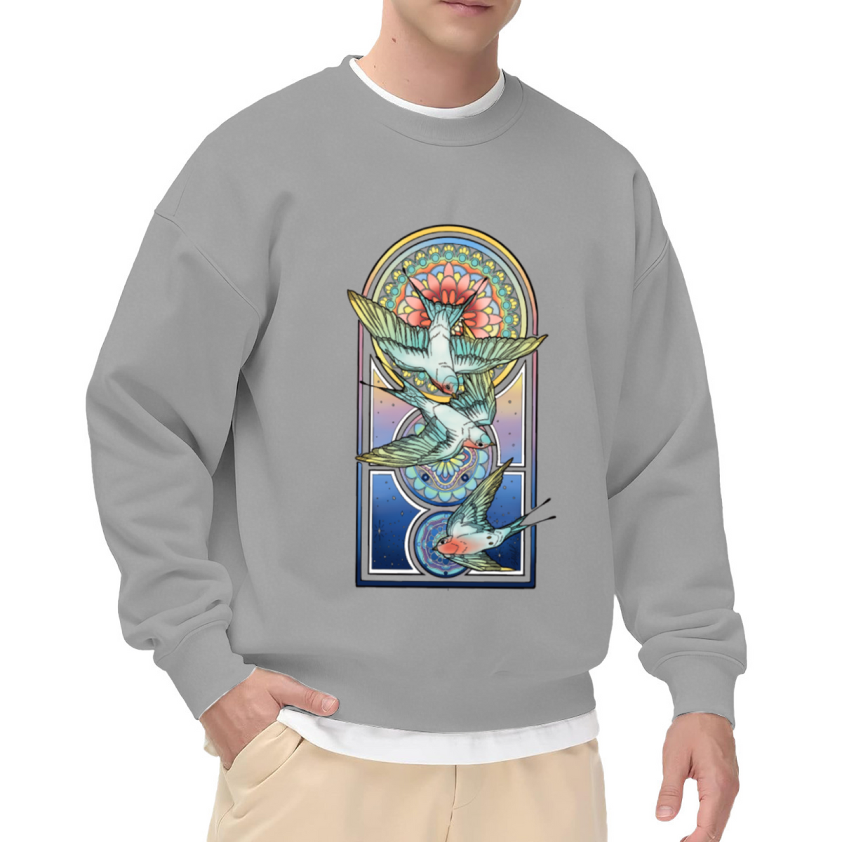 Stained Glass Swallows Sweatshirt | Vintage Celestial Bird Graphic Crewneck, Retro Gothic Arch Pullover Top, Bird Lover Art Gift for Women Men