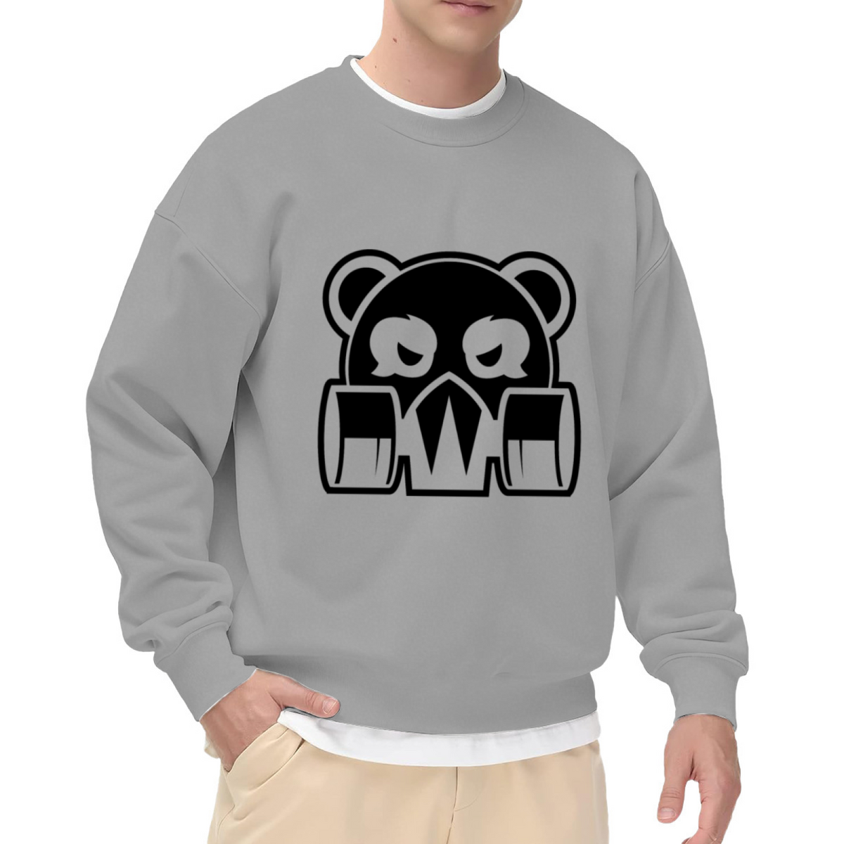 Cool and Edgy Monochrome Black Bear with Mask Style Graphic Crewneck Sweatshirt for Unisex Streetwear