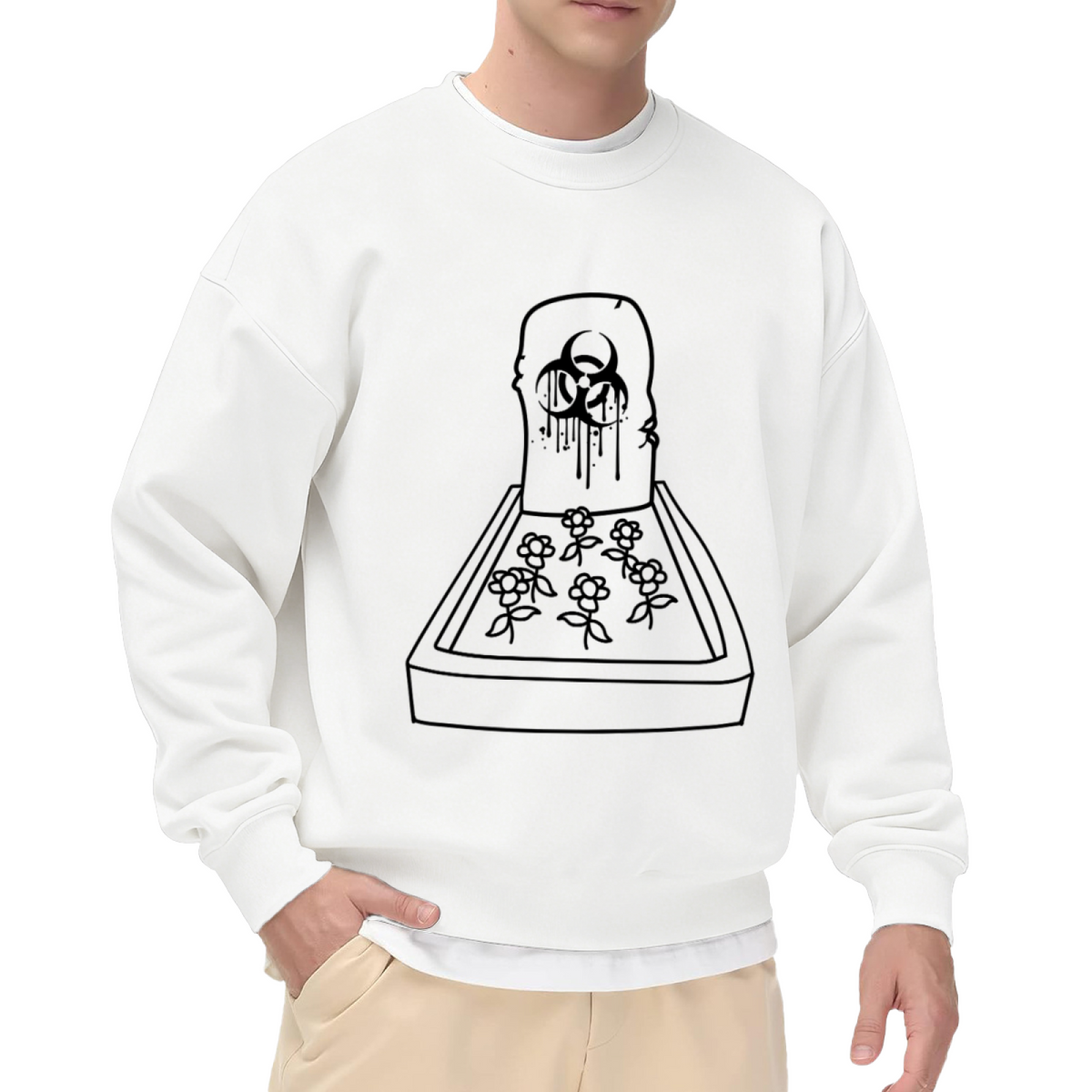 Love Grave Tombstone Line Art Crewneck Sweatshirt | Gothic Floral Heart Drip Graphic Pullover, Alternative Streetwear Top