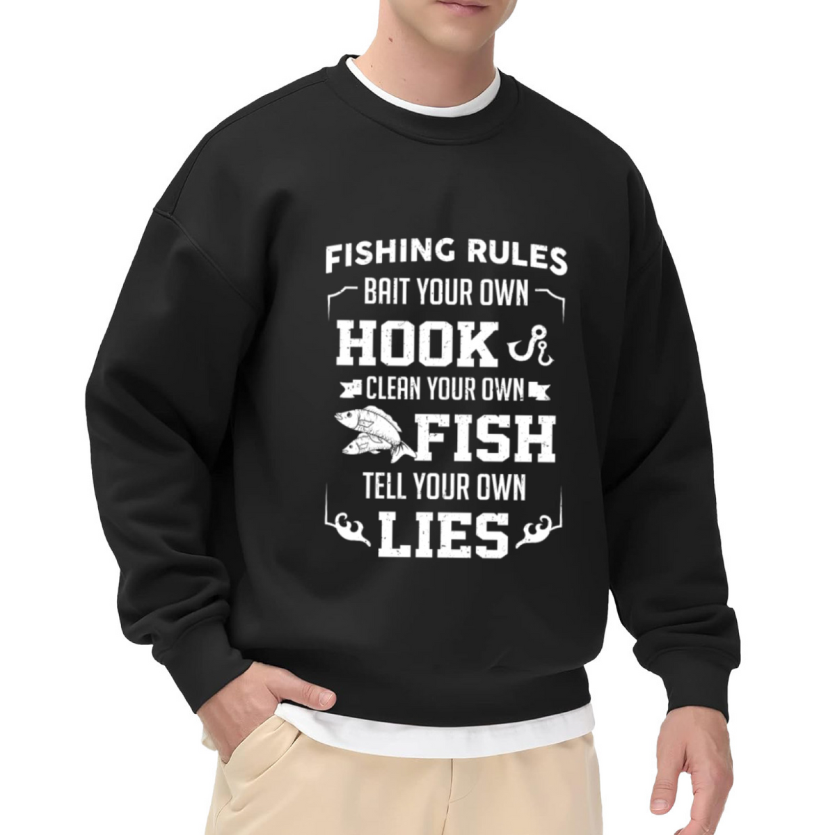 Fishing Rules Sweatshirt | Funny Fishing Hook Graphic Crewneck, Vintage Fisherman Pullover Top, Fishing Gift for Dad Men Women