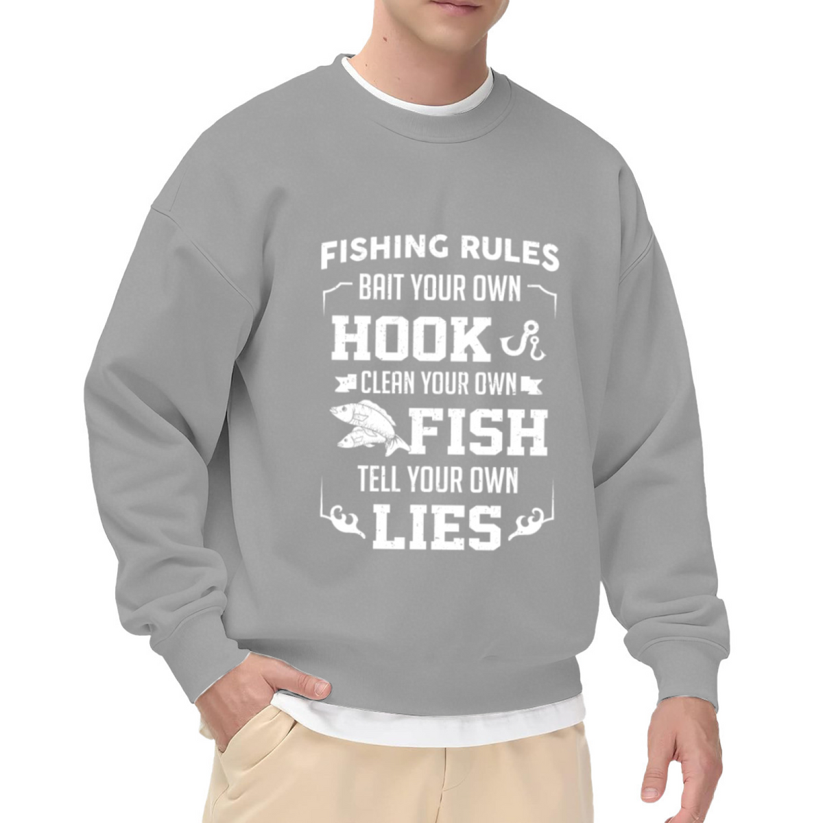 Fishing Rules Sweatshirt | Funny Fishing Hook Graphic Crewneck, Vintage Fisherman Pullover Top, Fishing Gift for Dad Men Women